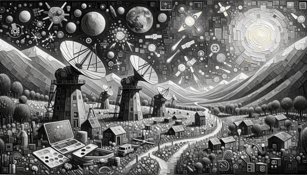 Grayscale oil painting of satellites and technology