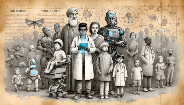 Dystopian scene with diverse humans and technology.