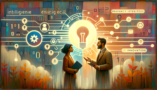 A diverse duo discussing AI ethics in a hopeful setting.