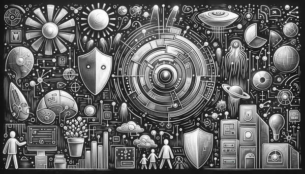 Chalkboard style illustration of artificial intelligence elements.
