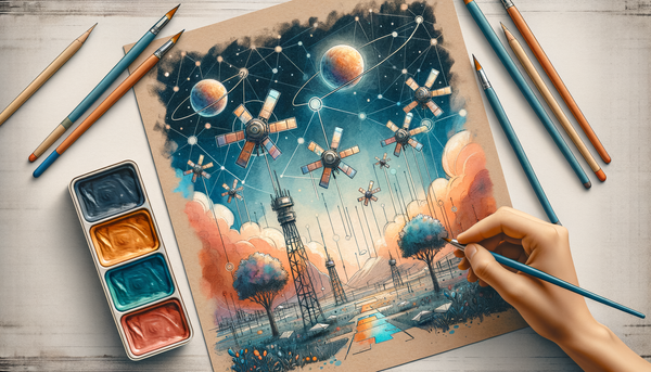 Watercolor illustration of AI satellites in a vibrant scene.