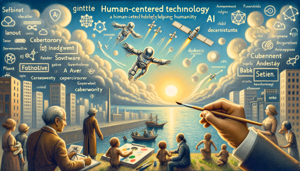 A serene landscape depicting human-centered technology