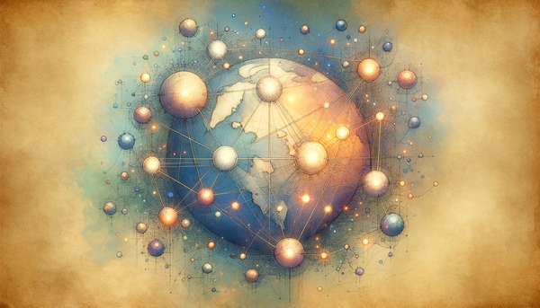 A colorful, interconnected world illustration with globes and pathways.