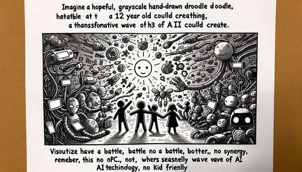 Grayscale doodle depicting human-technology interaction.