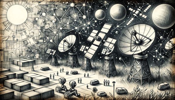 Futuristic connectivity artwork with satellites and sketches.