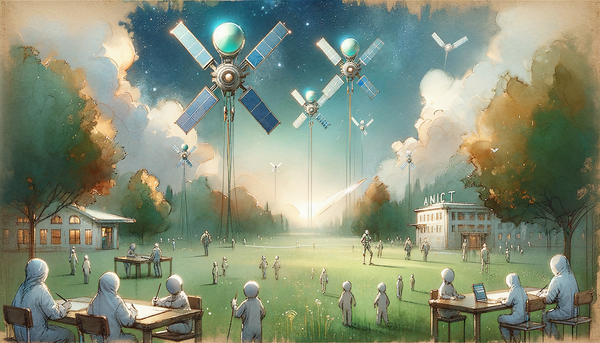 Watercolor illustration of future work with AI satellites.