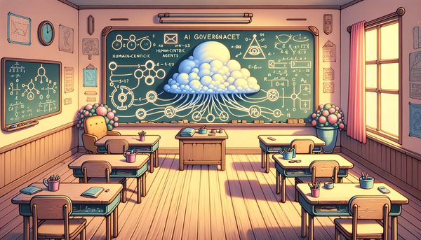 Futuristic classroom with cloud agents and pastel colors.