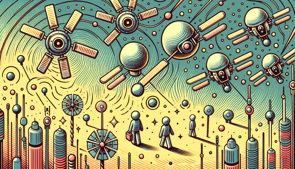 Retro-futuristic doodle of AI satellites and automation.