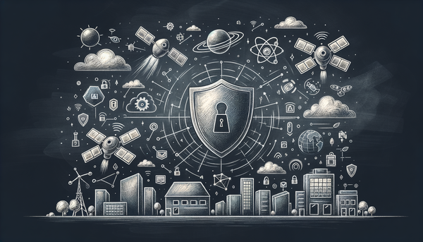Chalkboard illustration of cybersecurity symbols and AI satellites.