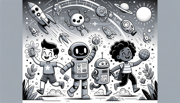 A grayscale doodle depicting AI and ethics concepts.