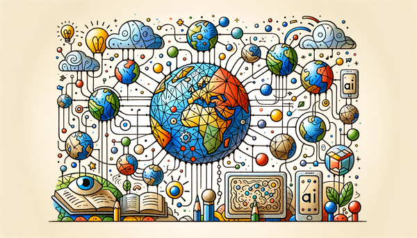 Colorful doodle of interconnected globes and an ancient tablet.