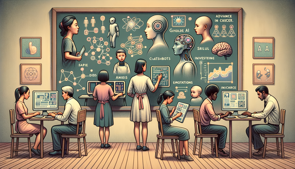 Chalkboard illustration of AI concepts with diverse figures.