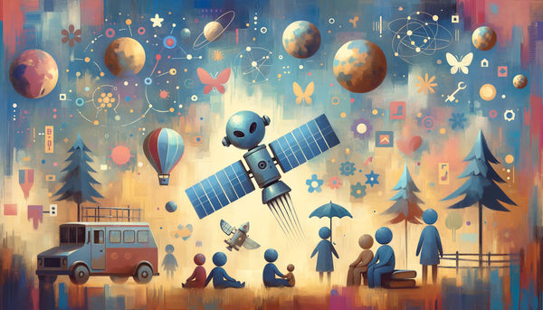 Collage of satellites and technology in soft colors