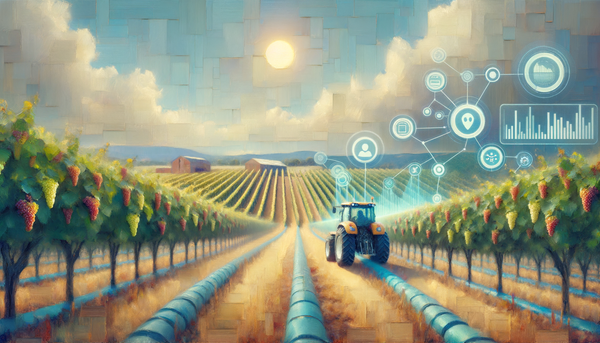 An oil painting of a vineyard with digital elements.