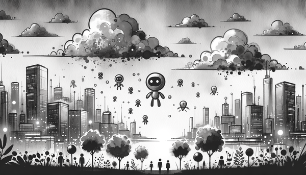 Grayscale watercolor scene illustrating artificial intelligence themes.