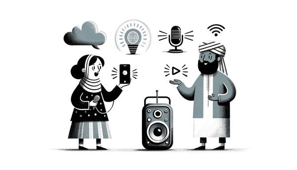 Playful grayscale illustration of two people with tech devices.
