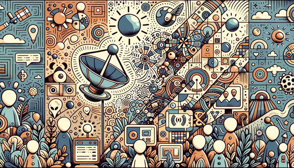 Doodle artwork of satellites in soft, natural colors.