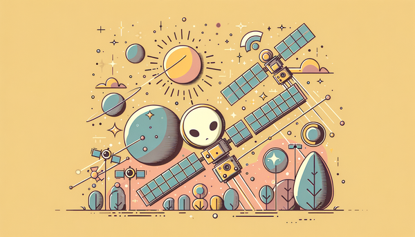 Minimalist doodle artwork of playful satellites