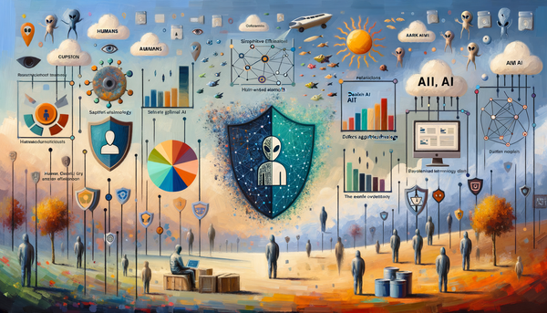 A collage-like artwork of AI and cybersecurity themes.