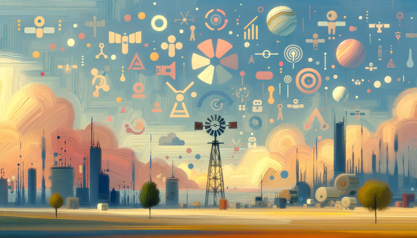 Serene futuristic landscape with colorful satellites