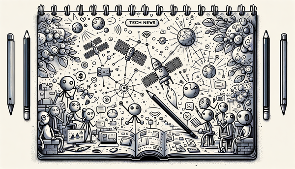 Grayscale doodle art of playful AI satellites.