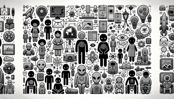 Doodle-style illustration of diverse people with technology.