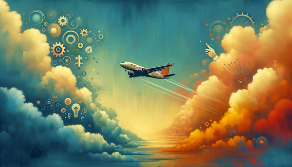 Oil painting of an airplane in a vibrant sky