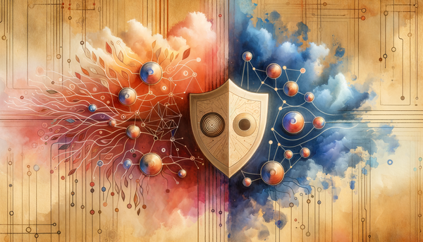 Abstract watercolor image of shields symbolizing AI and privacy.