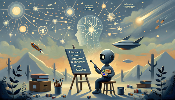 Oil painting illustrating the concept of AI with data shields.