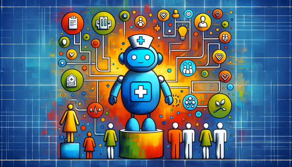 Bright illustration of a friendly AI nurse assisting patients.