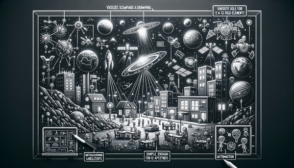 Grayscale chalkboard drawing of technology components.