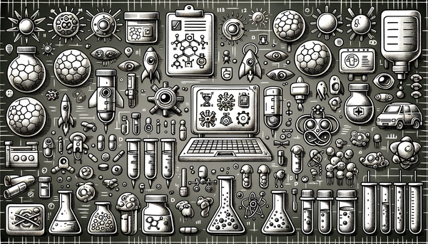 Doodle-style illustration of laboratory and medical elements