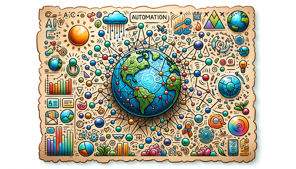 Artistic representation of interconnected globes and technology symbols.
