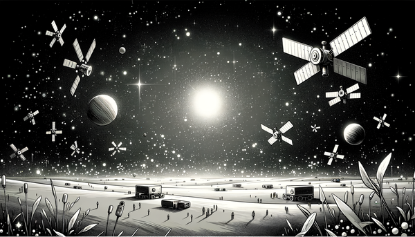 Grayscale outer space scene with AI satellites