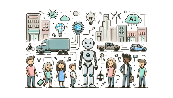 Doodle representation of diverse people and AI technology.