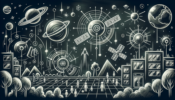 Chalkboard illustration of AI satellites in a futuristic setting.