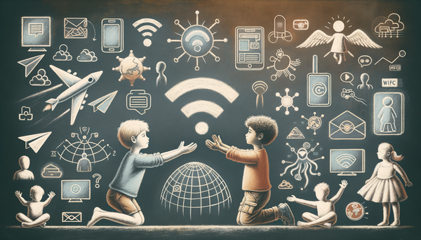Chalk drawing of humans engaging with technology.