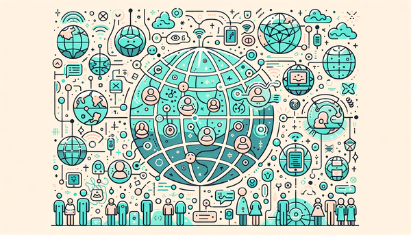 Friendly globes interconnected by glowing lines in pastel colors.