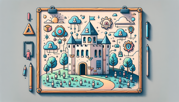 Stylized digital fortress with cloud figures and security elements.