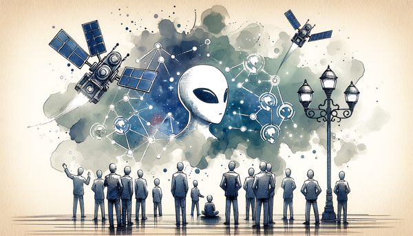 Watercolor representation of satellites symbolizing AI.
