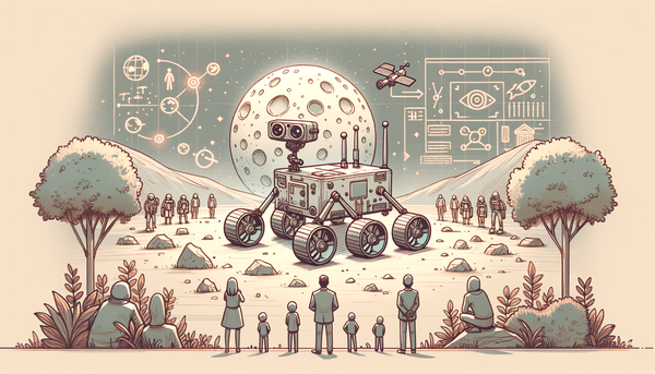 Futuristic rover exploring the moon with observers