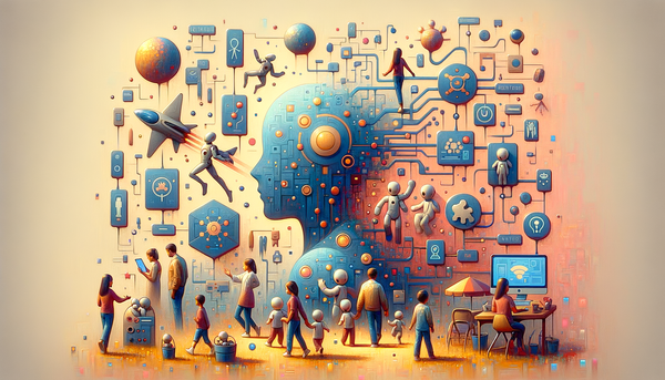 Humans interacting with futuristic technology structures.