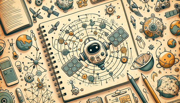 Whimsical illustration of playful satellites and AI concepts.