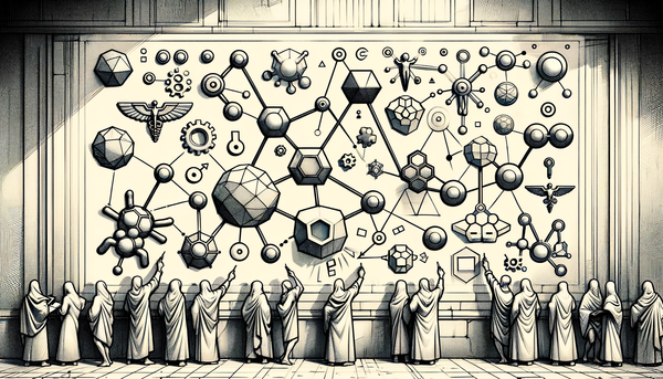 Grayscale sketch depicting diverse humans and geometric shapes.