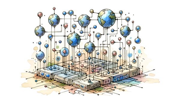 Hand-drawn watercolor illustration of interconnected globes