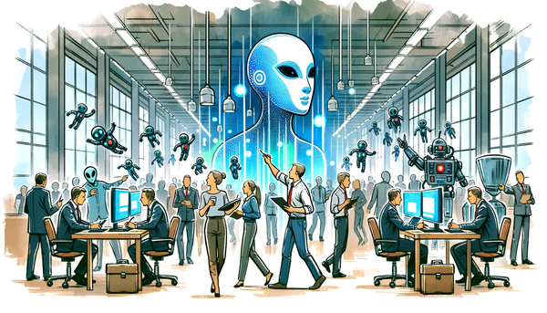 Watercolor illustration of AI in a corporate setting.