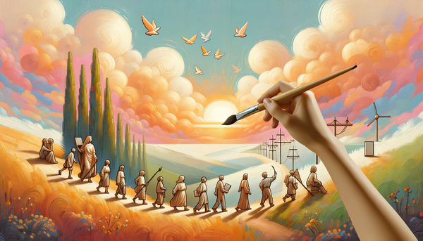 Diverse individuals interacting with technology in soft colors.