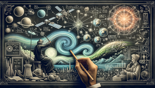 Chalkboard drawing of AI satellites and exploration
