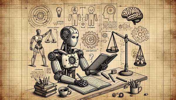 Robot reading a book with futuristic elements.