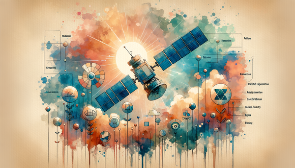 Watercolor collage of AI satellites and nature elements.